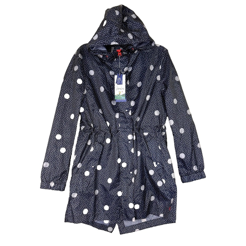Joules Golightly Rain Coat Womens 6 Navy Polka Dot Hooded Classic Preppy NWT